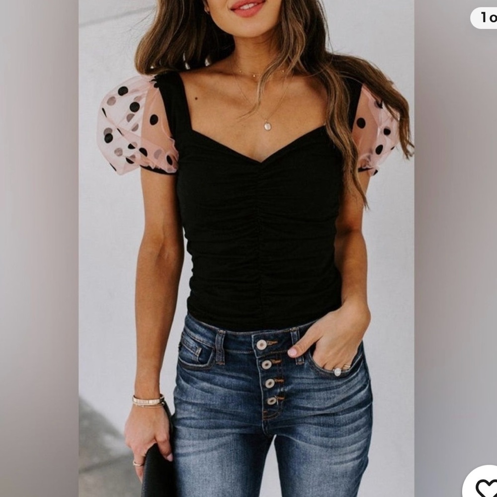TCEC Black and Pink Polka Dot Sleeve Top Sz L